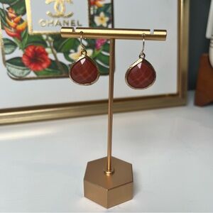 NWOT Elegant Gold-Toned Drop Earrings with Rusty Red Faceted Stone